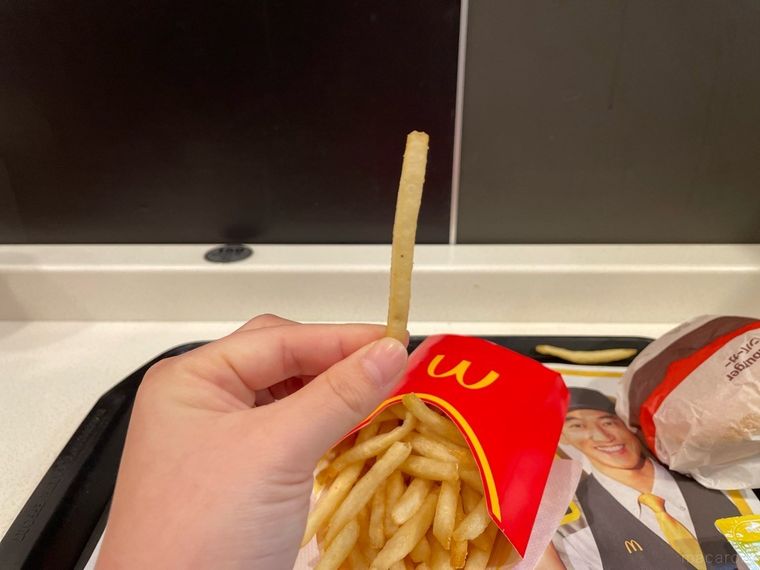 マクドナルドで注文したポテトを1本手に持っている