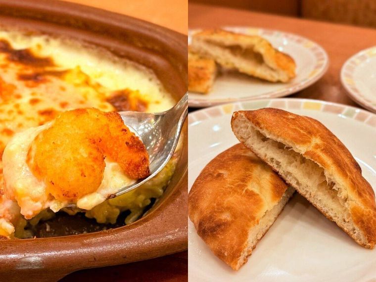 タラコとポップコーンシュリンプのドリアとフォッカチオが並んでいる様子