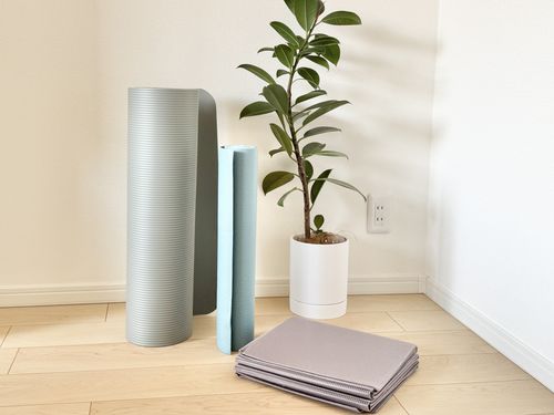 ダイソーヨガマット3種や観葉植物が並ぶ様子