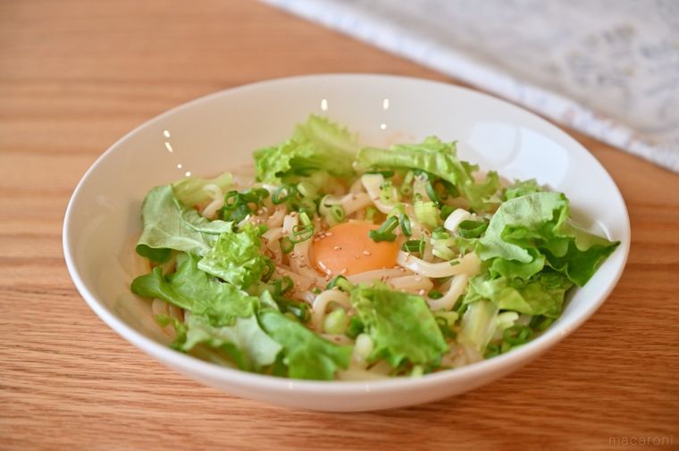 レタス、薬味、卵の黄身をのせた冷やしうどん