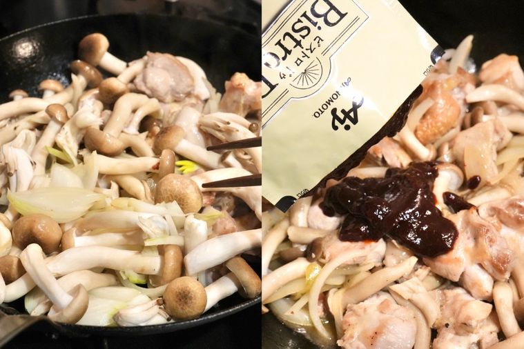フライパンで鶏もも肉と玉ねぎとぶなしめじを炒めてソースを絡める様子