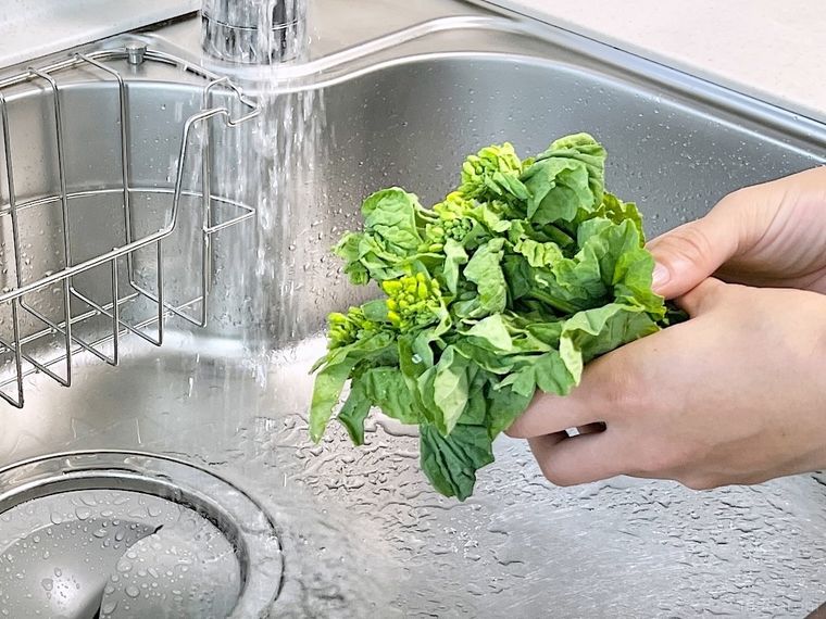菜の花を流水で洗おうとしている様子