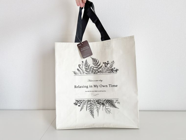 持ち手を持ち上げているセリアシートバッグ ボタニカル