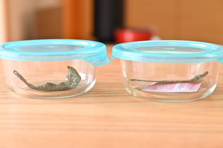 ガラス容器に海苔とシリカゲルが入っている