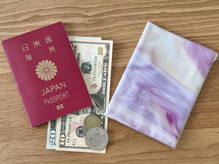 ダイソーのパスポートケースと並ぶパスポートや海外の紙幣