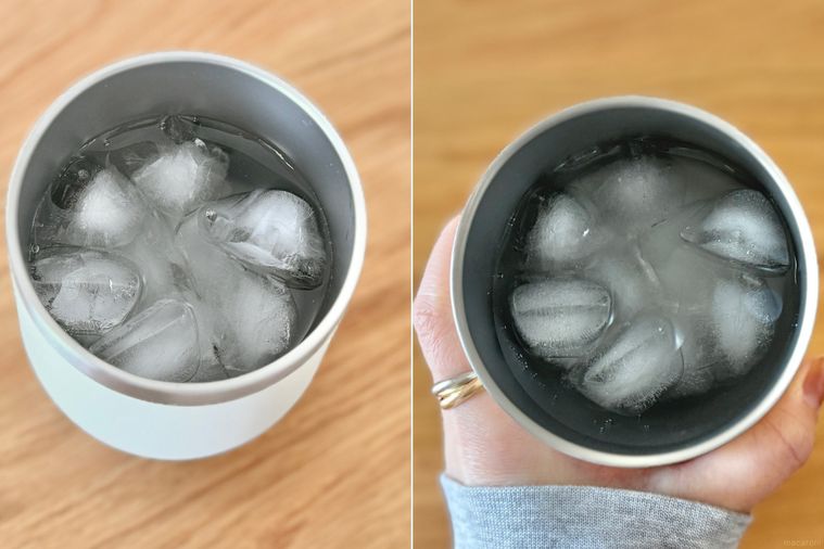 氷水を入れた真空2重ステンレスタンブラーアイボリー、370mlの時間経過のコラージュ画