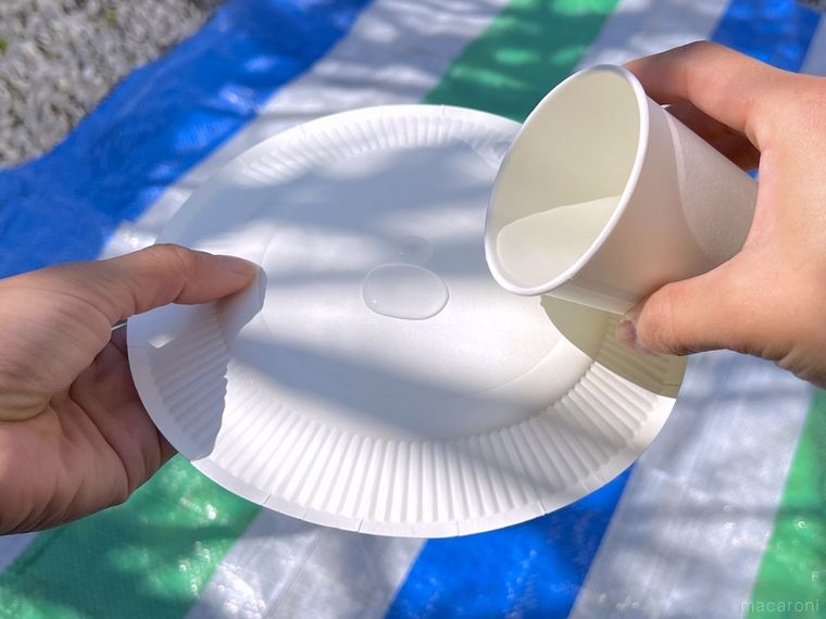 紙皿の裏に水を垂らしている様子