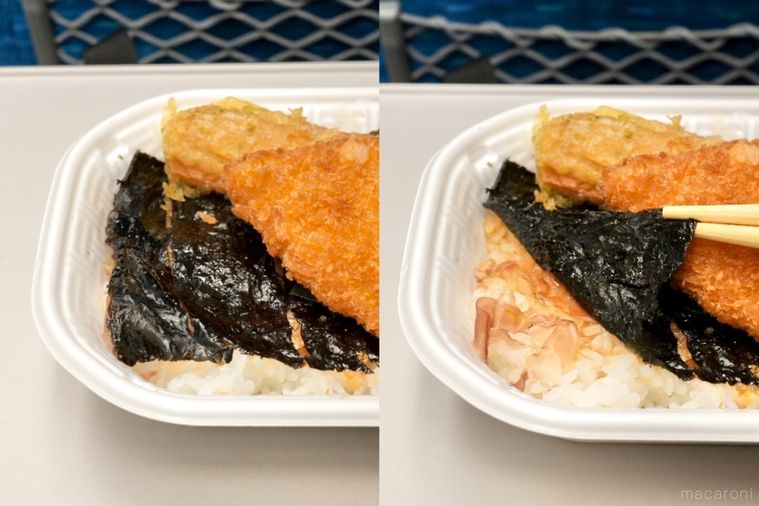 白い容器の白身魚のフライのせのり弁当ののり部分を割り箸でめくる様子