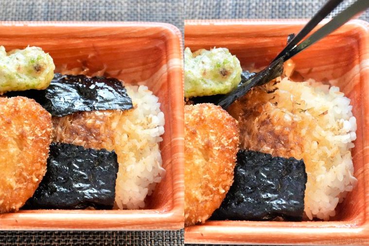 茶色いランチョンマットと白身魚のフライとちくわ天がのったのり弁当のアップ