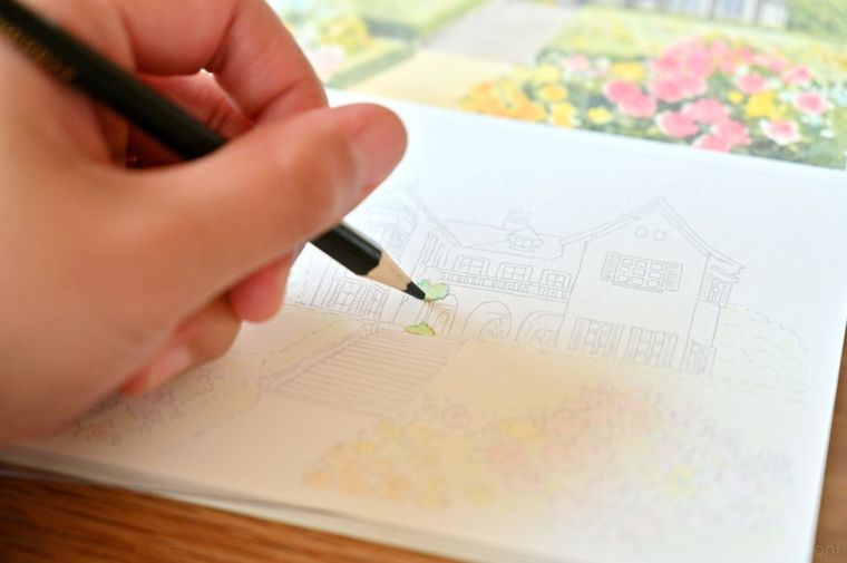 色鉛筆で色を塗っている様子