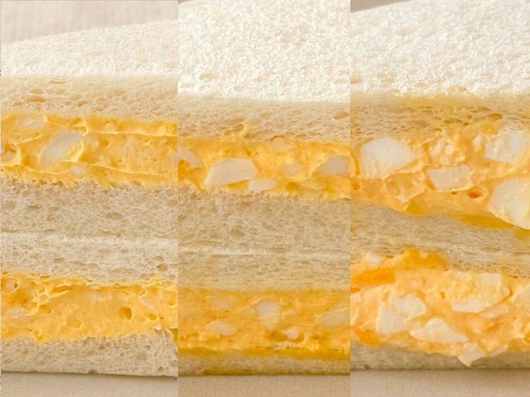 コンビニ3社のたまごサンドの断面が並んでいる様子