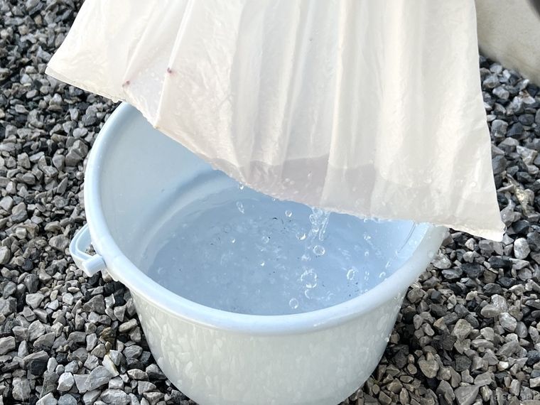 ポリ袋を持ち上げて水を切っている様子