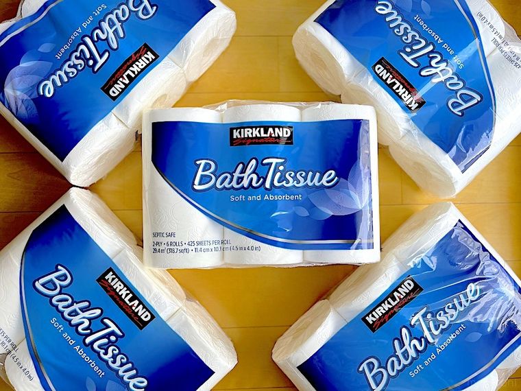 コストコのトイレットペーパーをパッケージから出し、なかの5パックの個包装パックを並べたところを