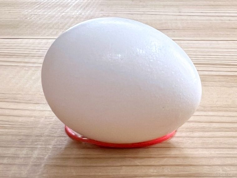 輪ゴムの輪の中に卵を置いた様子