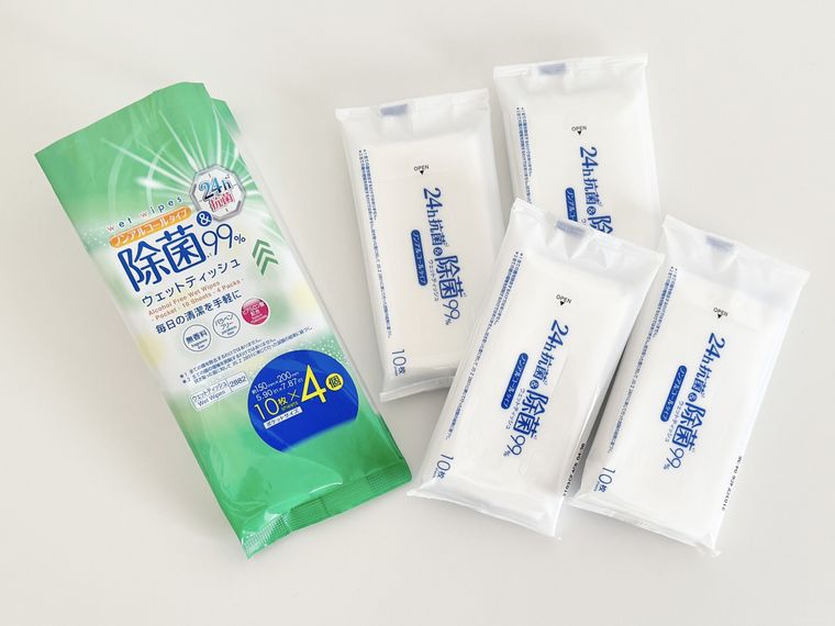 ダイソーノンアル除菌ポケットウェット10枚、4パック、抗菌のパッケージと中身