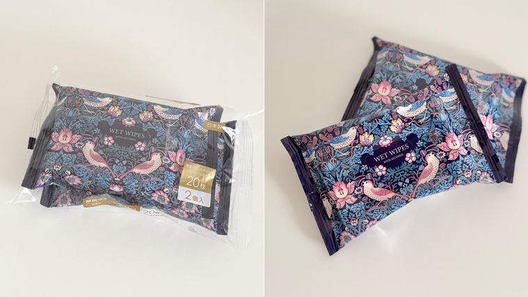 セリア除菌ウエットティッシュ アルコール配合 20枚 2個入のパッケージ