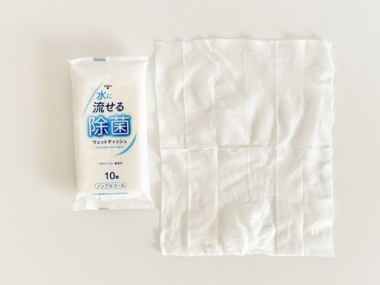 キャンドゥ水に流せるノンアルコール除菌ウェットティッシュのパッケージと中身