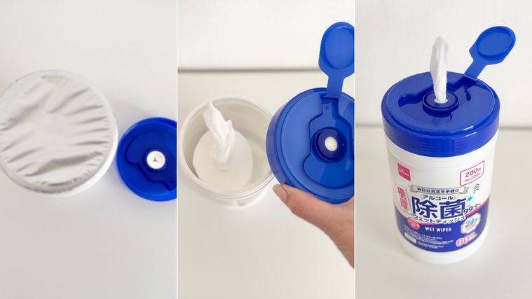 アルコール20除菌ボトルウェットティッシュ極厚、60枚、24h抗菌をセットする様子