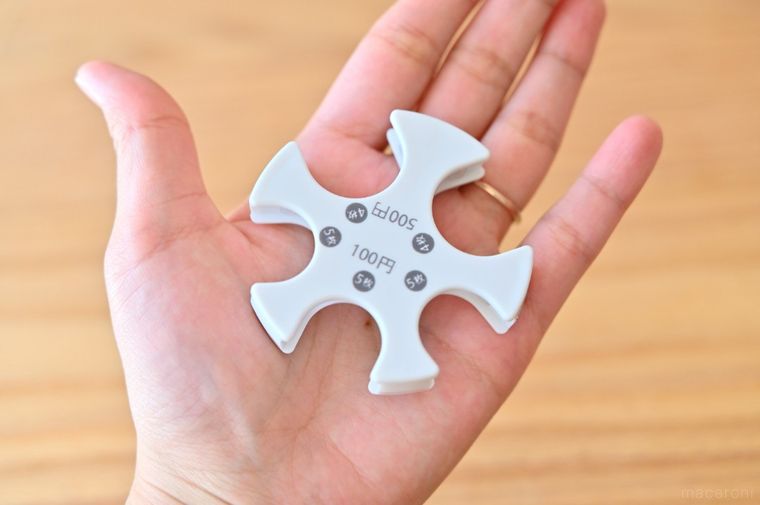 白いコインホルダーを手のひらにのせている