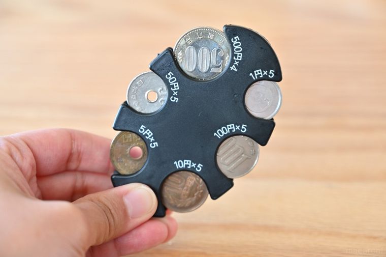 6種類の硬貨をはめた黒いコインホルダー