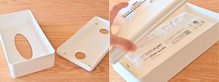 ティッシュケースのふたをはずしてソフトパックティッシュを入れている