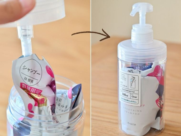シャンプーの詰め替え容器にポンプをさしこんでシャンプーボトルに設置している