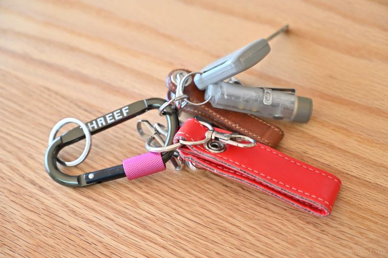 ロック付きカラビナに複数の鍵を通している