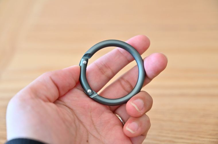 金属製の丸型カラビナを手に持っている