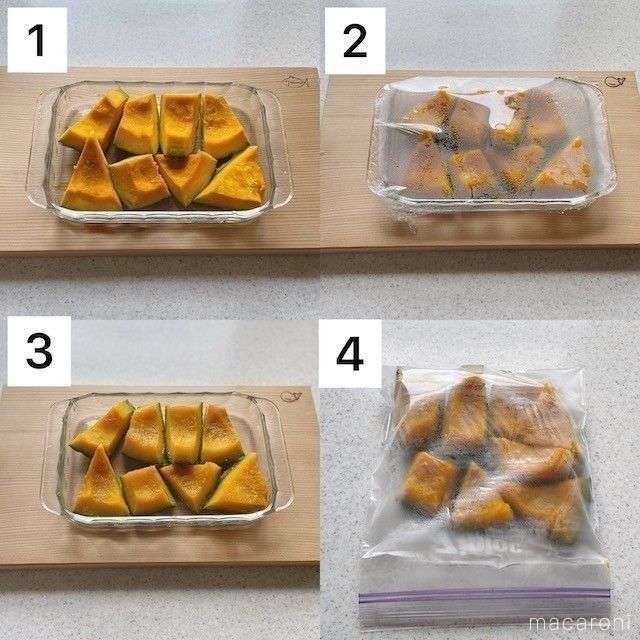 カットかぼちゃを電子レンジで加熱し、フリーザーバッグで保存する様子
