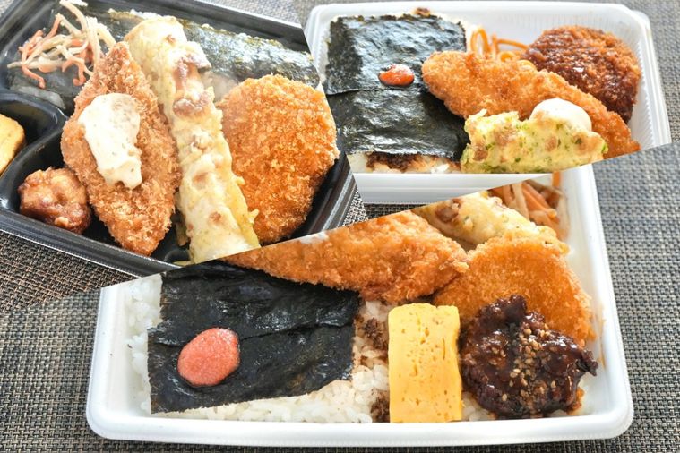 黒と白の容器に盛られた白身魚のフライとちくわの磯辺揚げのせのコンビニのり弁当