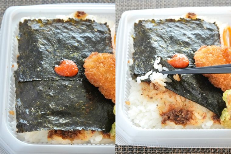 のりごはんにのった明太子とおかかのトッピングと黒い箸でのりをめくる様子