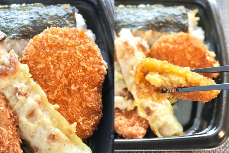 黒い容器に盛られたのり弁のカレーコロッケを半分に割って黒い箸で持ち上げる様子