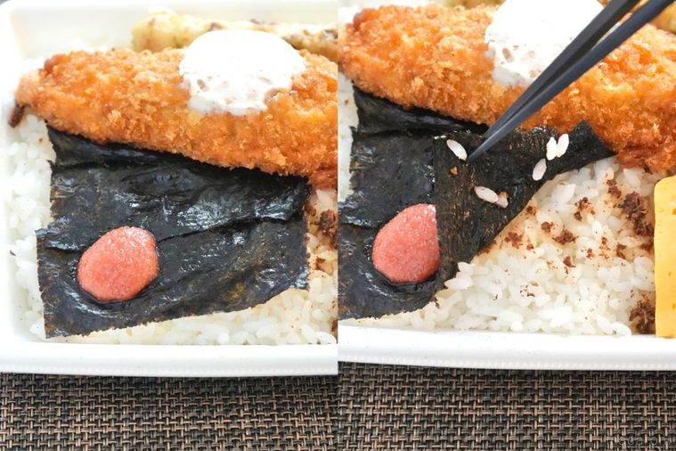 白い容器に盛られたのりごはんとおかかと明太子と黒い箸と白身魚のフライ