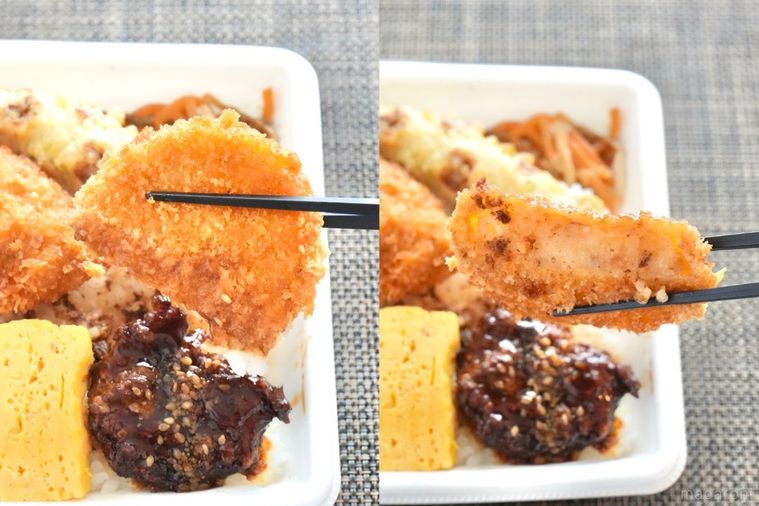 白い容器に盛られたのり弁の卵焼きとつくねとコロッケを黒い箸で持ち上げる様子
