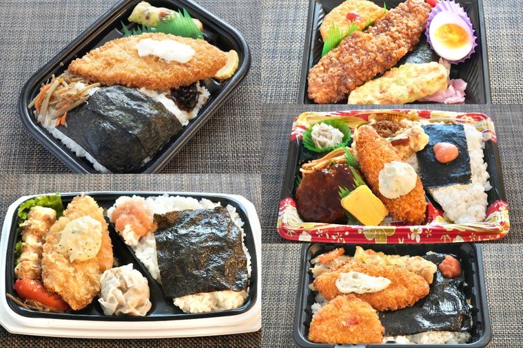 茶色いランチョンマットの上の白身魚のフライのせのり弁当とおかず
