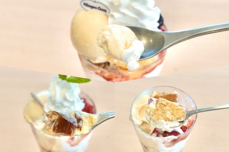 ハーゲンダッツアイスとファミリーレストランジョナサンのタイアッパフェのアイスクリームとゼリーとパイをスプーンで食べる様子
