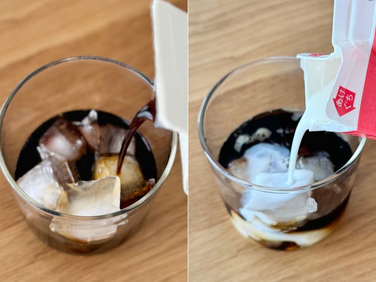 カフェオレベースと牛乳を入れている様子のコラージュ画