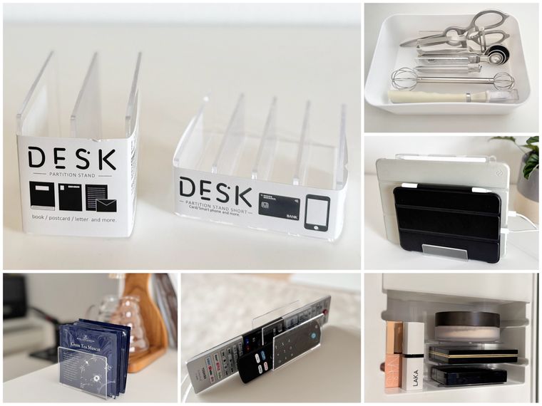 セリアの仕切りスタンド2種や使用例のコラージュ画像