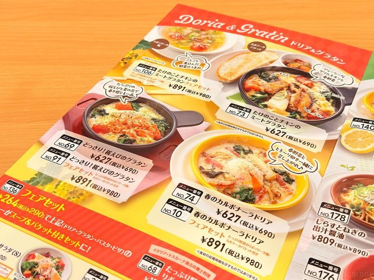 イタリアン食堂のメニュー表