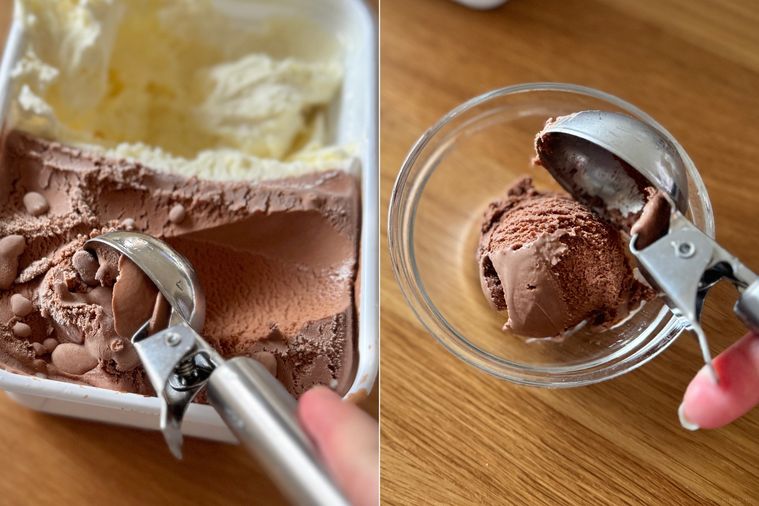 キャンドゥステンレスアイスクリームディッシャーを使ってアイスを盛り付ける様子