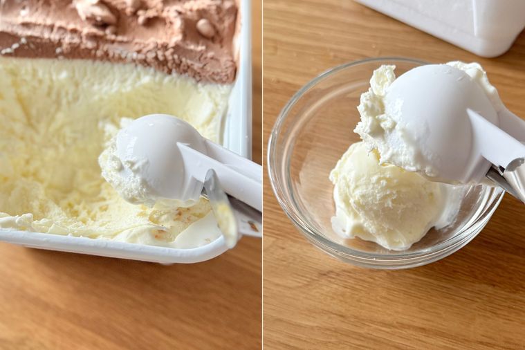 セリアアイスクリームディッシャー ホワイトでアイスを盛り付けるまでのコラージュ画