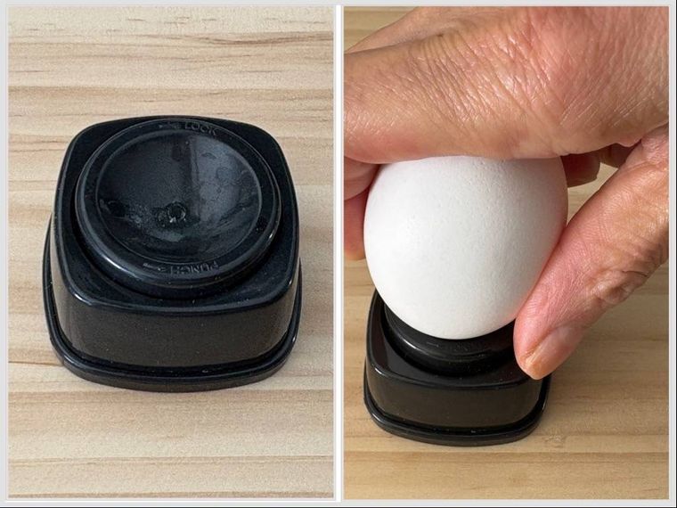 卵の穴あけ器と卵に穴をあけている写真