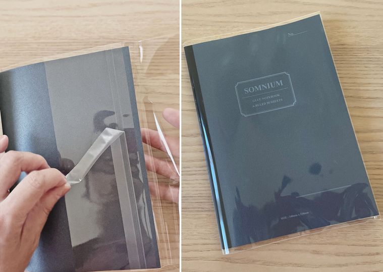 ダイソークリアブックカバーをノートに装着したところ