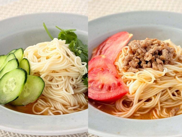 冷やし坦々素麺つゆとエスニック素麺つゆが並んでいる様子