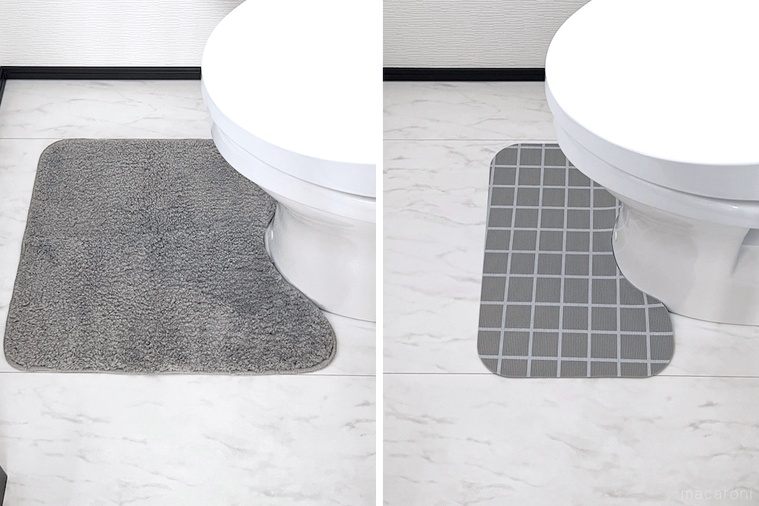 布製のトイレマットと拭ける素材のトイレマット