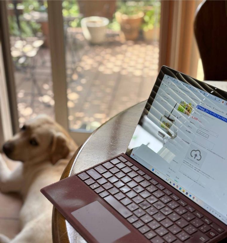 テーブルに置いたパソコンと床に伏せる犬