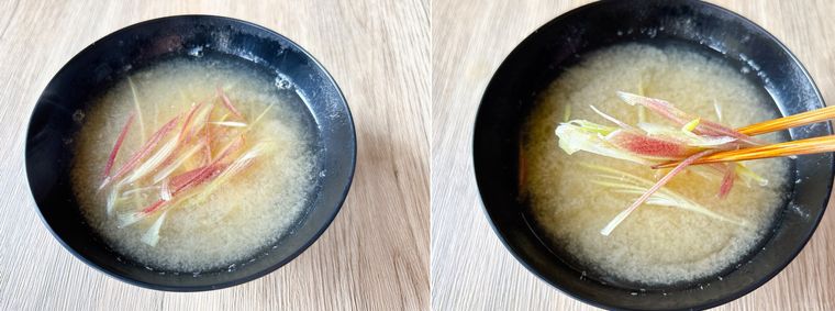 盛り付けてからみょうがを後のせしたみょうがの味噌汁