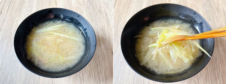 煮たってからみょうがを入れたみょうがの味噌汁