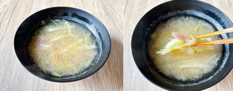 味噌を加える直前にみょうがを入れたみょうがの味噌汁