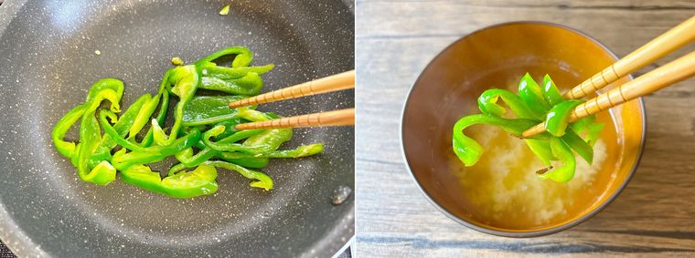 ピーマンをごま油で炒めて後のせして味噌汁を作る様子